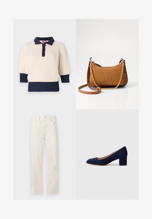Kremni pleteni pulover z mornarsko modrimi akcenti, ki vsebuje polo ovratnik, tri gumbe ter rebrast rob rokavov in dna. Teksturovani kratki rokavi.; Off-white trijevječni denim teksas hlače s petimi žepi, zankami za pas in gumbom ter zadrgo na pasu.; Temno modri nubuk čevlji s koničastim nosom in srednje visokim blokom. Gladka tekstura z diskretnim sijajem in majhnim izrezom spredaj.; Rjava usnjena torba za ramo z embosiranim logotipom, zlatim verižnim in usnjenimi ročaji, ukrivljene oblike in okrasnimi detajli na straneh.
