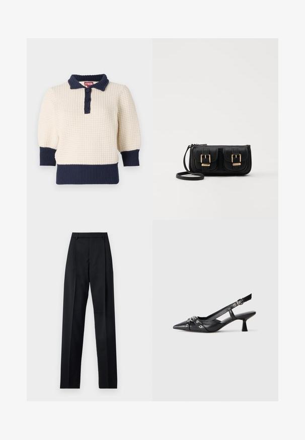 Kremasti pleteni pulover s tamnoplavim akcentima, s polo ovratnikom, tri gumba i rebrastim manžetama i rubom. Teksturisane kratke rukave.; Crne hlače od glatkog materijala s visokim strukom, širokim nogavicama, prednjim pregibima i klasičnim petljama za remen. Nema vidljivih bočnih džepova.; Crne kožne cipele s remenom oko pete, s izduženim vrhom, dekorativnim trakama s metalnim rupama i niskom blok petom. Teksturirana površina.; Crna kožna torba preko ramena s dva prednja džepa, zlatnim kopčama, zatvaranjem na zip i uskim remenom. Teksturirana površina i kompaktan pravokutan oblik.