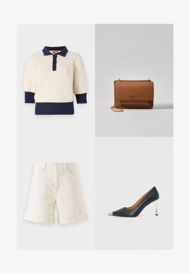 Kremasti pleteni pulover s tamnoplavim akcentima, s polo ovratnikom, tri gumba i rebrastim manžetama i rubom. Teksturisane kratke rukave.; Svijetlosmeđi traper šortsevi ravnog kroja, s preklopljenim rubovima i klasičnim dizajnom s pet džepova. Sadrži srebrne metalne detalje.; Smeđe plava kožna ženska cipela s visokim potpeticama i šiljastim vrhom, s metalnim srebrnim vrhom i sjajnom srebrnom štiklom.; Smeđa kožna torba preko tijela s teksturom, zlatnim lančićem i preklopom na zatvaranju. Na prednjoj strani nalazi se detalj s potpisom i džep ispod preklopa.