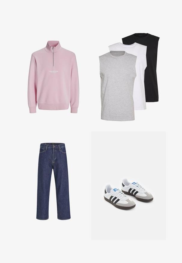 Roze dukserica s položajem četvrtaste patent zatvarača, rebrasti rukavi i bijeli tekst logotipa na prsima. Mekana tkanina, ležeran kroj.; Trii bezrukavnih majica u sivoj, bijeloj i crnoj boji. Mekani pamučni materijal s okruglim izrezom i opuštenim krojem. Jednostavan dizajn, bez uzoraka.; Tamno plave traperice s ravnim krojem, dizajnom s pet džepova, metalnim kopčanjem i kontrastnim šavovima, koje imaju suptilnu teksturu.; Sportske cipele s gornjištem od bijele kože, sivi suedinasti nos i tri crne pruge. Imaju plavi logo na jeziku i teksturiranu gumenu podlogu.