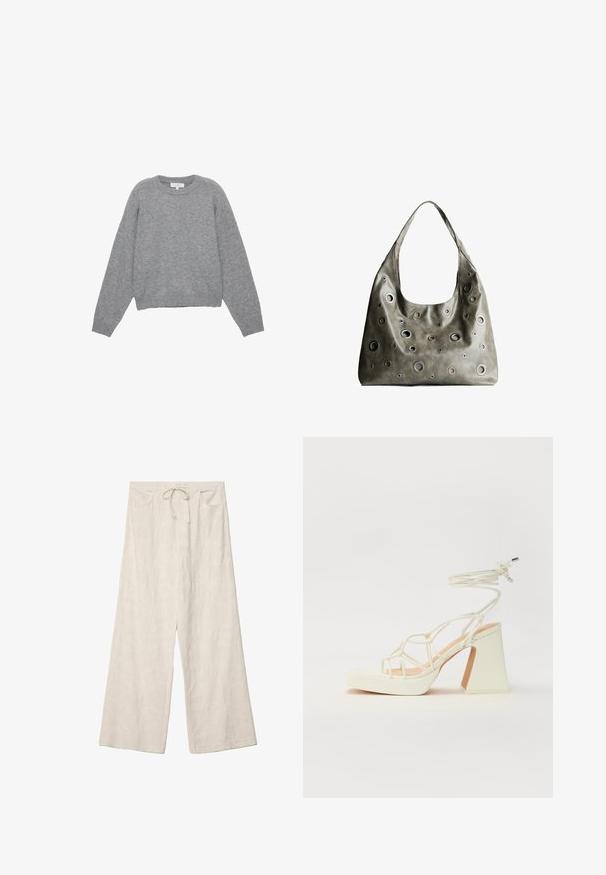 Sivý pletený sveter s dlhými rukávmi, rebrovanými manžetami a spodným lemom. Okrúhly výstrih s uvoľneným strihom a jemnou textúrou. Bez viditeľných vzorov alebo akcentov.; Široké nohavice z ľahkej krémovej tkaniny, s textúrovaným kvetinovým vzorom, elastickým pásom a prednými vreckami.; Biele sandále na vysokom opätku s hrubým podpätkom, s pruhovaným dizajnom a viazaním na členku. Hladký povrch s platformou vpredu pre zvýšenú výšku.; Olive zelená kožená kabelka so spadnutým dizajnom, obsahujúca rôzne veľkosti kruhových výrezov a akcenty v tmavších a svetlejších odtieňoch.