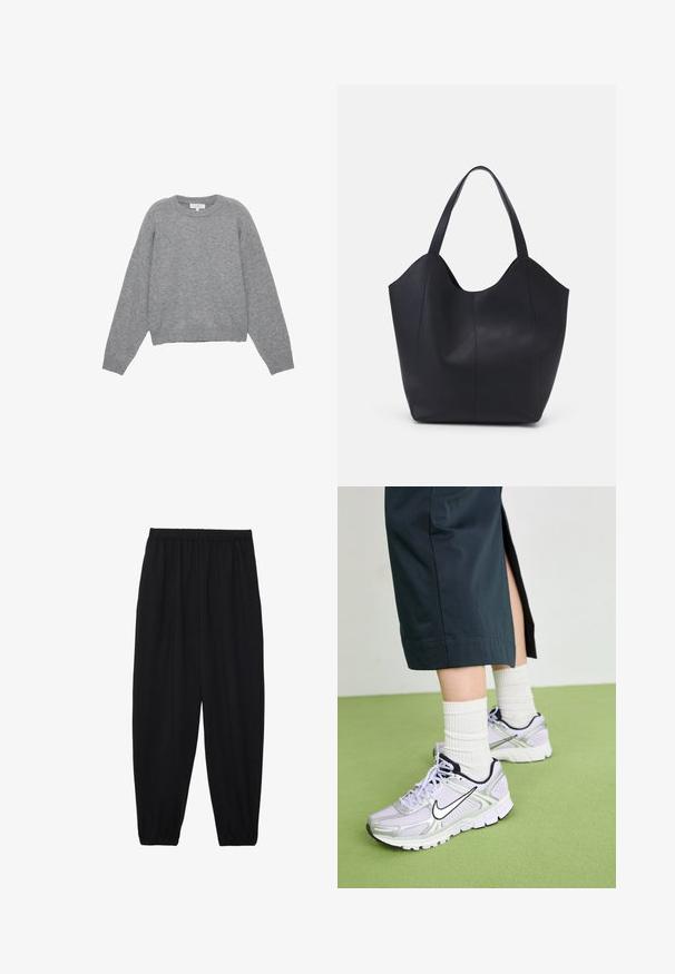 Harmaa neulepusero pitkillä hihoilla, ribbaus hihansuissa ja helmassa. Pyöreä kaula-aukko, rento istuvuus ja pehmeä pinta. Ei näkyviä kuvioita tai yksityiskohtia.; Mustat, kevyet housut, joissa on joustava vyötärö ja kerätyt nilkat. Kangas on sileä ja siinä on rento, kapeneva muotoilu.; Nike-suosikengät vaalean violetissa sävyssä, hopeisilla yksityiskohdilla, mustalla logolla ja valkoisilla pohjilla. Yhdistettyinä teksturoidun valkoisen nilkkasukat ja tummiin housuihin.; Mustat kangaskassit, jotka on valmistettu sileästä nahasta, jossa on kaareva, avoin yläosa, kaksi olkahihnaa ja minimalistinen muotoilu.