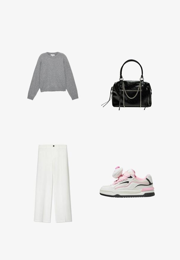 Szürke kötött pulóver hosszú ujjakkal, bordás mandzsettával és szegéllyel. Kerek nyakkivágás, laza fazon és puha textúra. Nincsenek látható minták vagy díszítések.; Fehér, bő szabású nadrág, sima textúrával, elöl gombos záródással és övhurkokkal, kényelmes szabású.; Fehér és rózsaszín sportcipők, hálós felsőrésszel, párnázott nyelvvel és fekete részletekkel. Vastag gumitalp, texturált mintázattal a tapadás érdekében.; Bershka WITH CHAIN - Kézitáska - black