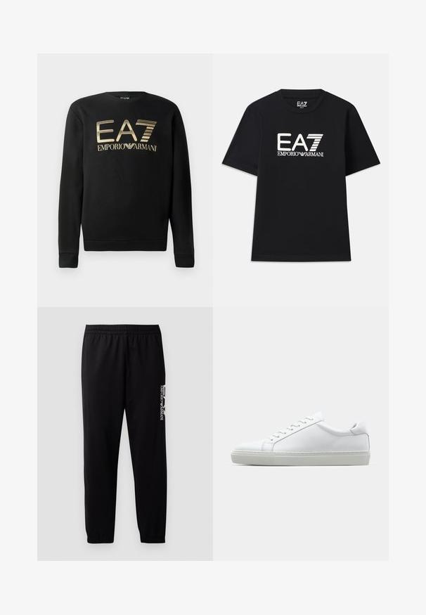 Sweatshirt preto com gola redonda, apresentando o logo dourado EA7 Emporio Armani na frente. Tecido macio com punhos e bainha canelados.; T-shirt preta feita de algodão, com decote redondo e mangas curtas. Logótipo bordado "EA7 EMPORIO ARMANI" em branco na frente.; Calças de treino pretas feitas de um tecido suave, com uma cintura elástica e punhos, e um logotipo em contraste impresso na lateral.; Sapatilha branca com um cabedal em couro liso e de perfil baixo. Apresenta um bico redondo, seis ilhoses e uma sola de borracha texturizada.