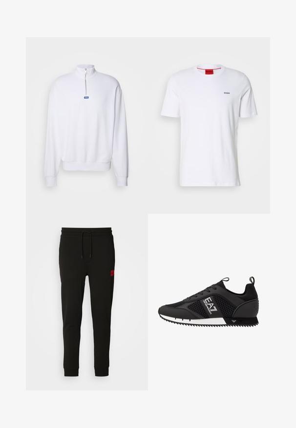 HUGO NEELER - Sweatshirt - white; Vit bomull t-shirt med korta ärmar, rund halsringning och liten svart "HUGO"-logotyp på vänster bröst. Har röd innerhals etikett.; Svarta sweatpants i mjukt material, med dragsko i midjan, slim fit och en röd logotyp på vänster lår.; EA7 Emporio Armani Sneakers - black/white