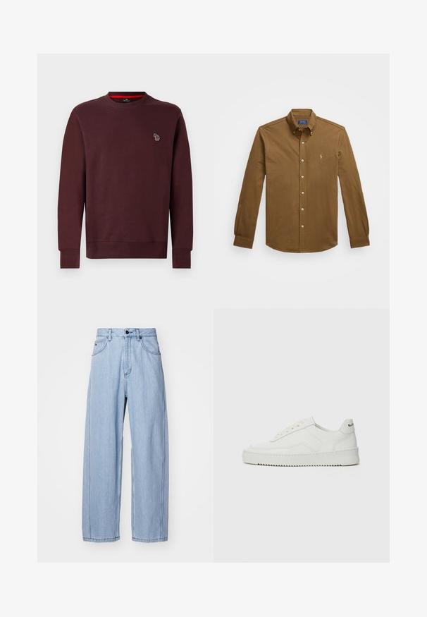 Burgundijas krāsas sporta krekls, izgatavots no mīksta kokvilnas maisījuma, ar apaļu kakla izgriezumu, ribotu piedurkņu un apakšmalu, un ar nelielu izšūtu dzīvnieku logo uz krūšu daļas.; Brūns garajās piedurknēs pogājams krekls, izgatavots no kokvilnas. Iezīmēts ar apkakli, pogu aizdari un mazu izšūtu logotipu uz krūtīm.; Gai zila džinsu bikses ar platām kājām, kurām ir priekšējās kabatas, pogas aizdare un detalizēta dūriena ap malu.; Baltas ādas sneakers ar gludu virsmu, apaļu pirkstu daļu, plakaniem šņorēm un teksturētu zoli. Satur diskrētu logotipu uz papēža.