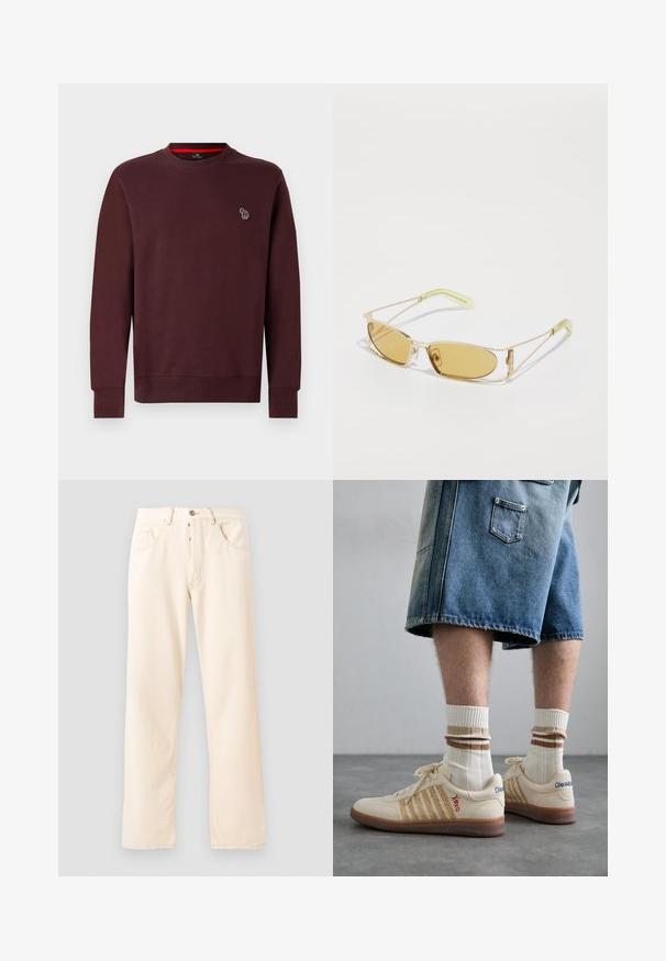Sweatshirt bordeaux en mélange de coton doux, avec un col rond, des poignets et un ourlet côtelés, et un petit logo animal brodé sur la poitrine.; Jean en denim beige clair avec un design à jambe droite, cinq poches et une fermeture à bouton à l'avant. Couture visible le long des coutures.; Baskets rétro beiges avec une semelle en caoutchouc brun, ornées d'accents rayés et de logos brodés. Portées avec des chaussettes blanches, détails rayés bruns.; Lunettes de soleil teintées de jaune avec une monture dorée translucide, de forme rectangulaire fine et des branches angulaires avec des accents vert clair.