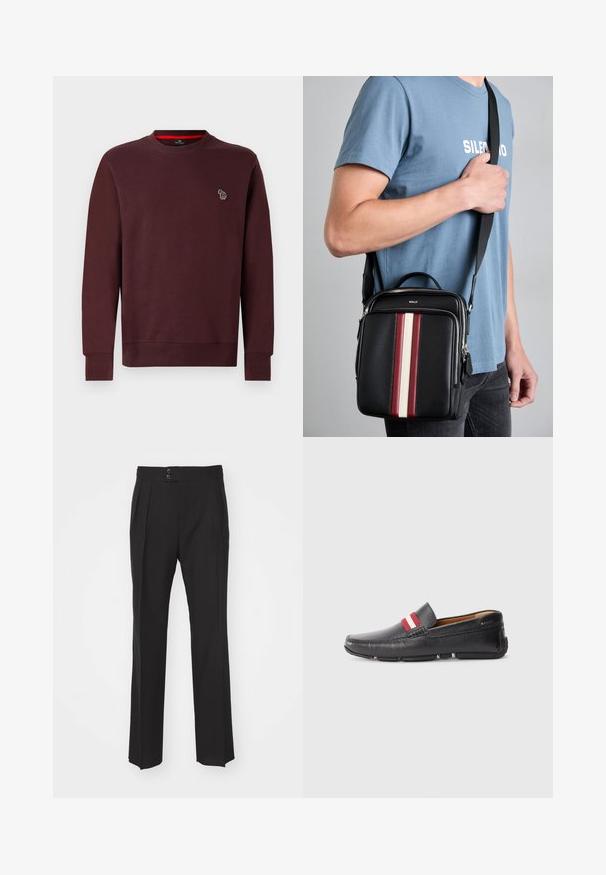 Sudadera burdeos hecha de una suave mezcla de algodón, con cuello redondo, puños y dobladillo de canalé, y un pequeño logo de animal bordado en el pecho.; Pantalones negros a medida con un diseño de pierna recta, dos bolsillos delanteros y un cierre de doble botón en la cintura. Textura de tela suave.; Zapato negro de cuero sin cordones con superficie texturizada, con una franja roja y blanca en la parte superior, punta redonda y suela de goma.; Bolso cruzado de piel negra con rayas verticales en rojo, blanco y beige. Cuenta con una asa superior y una correa ajustable. Cierre con cremallera visible.