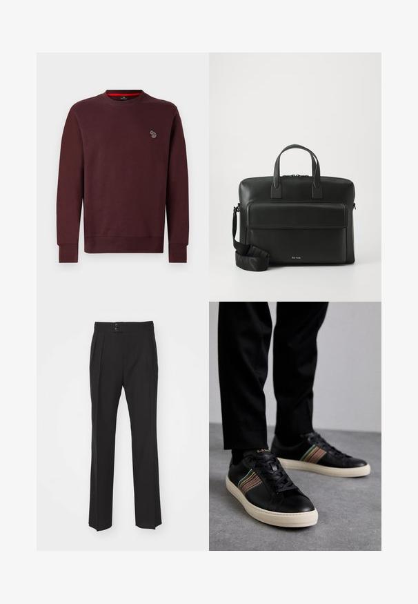 Burgundowy sweatshirt wykonany z miękkiej bawełny z domieszką, z okrągłym dekoltem, prążkowanymi mankietami i dołem, z małym haftowanym logo zwierzęcia na klatce piersiowej.; Czarne spodnie z dopasowanym krojem, charakteryzujące się prostymi nogawkami, dwoma kieszeniami z przodu oraz podwójnym zapięciem na guziki w talii. Gładka faktura materiału.; Czarne skórzane sneakersy z wielokolorowymi paskami, okrągłym noskiem i białą gumową podeszwą, z zapięciem na sznurowadła i wytłoczonym logo.; Czarna skórzana teczka z podwójnymi rączkami u góry, przednią kieszenią oraz odpinanym paskiem, z delikatnym logo na dole.