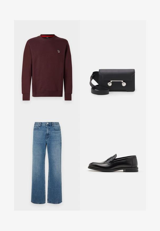 Burgunderfarbener Sweatshirt aus einem weichen Baumwollmix, mit rundem Halsausschnitt, gerippten Bündchen und Saum, und einem kleinen gestickten Tierlogo auf der Brust.; Weite blaue Jeans aus Denim mit einem verblassten Finish. Verfügt über fünf Taschen, einen Frontknopfverschluss und einen geraden Schnitt.; Schwarze Lederloafers mit glatter Textur, rundem Zehenbereich und einem dekorativen Riemen über dem Vorderfuß. Niedriger, gestapelter Absatz, minimalistisches Design.; Schwarze Leder-Umhängetasche mit Klappenverschluss, silberfarbener Hardware und zwei runden Akzenten. Verfügt über einen abnehmbaren Schulterriemen. Glatte Textur.