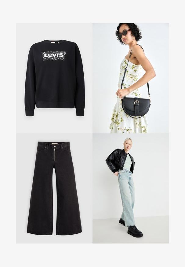 Must paisu, mis on valmistatud puuvillast, sisaldab valget "Levi's" logo tähistaeva kujunduses. Ümar kaelus ning soonikkoes varrukad ja allserv.; Laiad teksad mustast denimist, millel on lukuga eesmine osa, viie taskuga disain ja peened õmblusdetailid. Sile tekstuur ja juhuslik stiil.; Mustast nahast pommijakk, piparmündiroheline särk, helesinised laiad teksad ja mustad nööbitavad kingad, minimaalses taustas.; Mustmust mustraha kõverate joontega, eemaldatava rihmaga ja kuldsete detailidega. Kotil on klapp, millel on pandladetail.