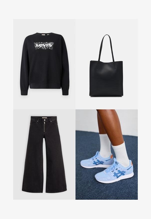 Svart hettegenser laget av bomull, med en hvit "Levi's" logo innenfor et stjernespekket design. Rund hals og ribbestrikkede ermer og kant.; Vide benbukser i sort denim med glidelås i front, fem-lomme design og subtile sømdetaljer. Glatt tekstur og avslappet stil.; Ben med lyseblå Asics-sko med hvite såler og hvite ankelsokker som står på mørk teppebelagt gulv.; Svart lær tote bag med glatt tekstur, rektangulær form og to lange håndtak. Ingen synlige deler eller dekorasjoner.