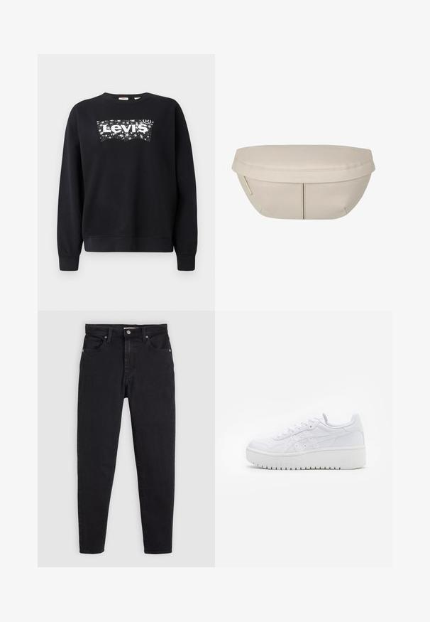 Sudadera negra de algodón, con un logo blanco de "Levi's" dentro de un diseño estrellado. Cuello redondo y puños y dobladillo acanalados.; Vaqueros de mezclilla negra con un diseño ajustado, cinco bolsillos y herrajes en tono plateado. Cuenta con un cierre de botón y una textura suave.; Zapatillas de plataforma blancas con una textura de cuero suave, detalles perforados y cordones planos; cuentan con una suela de goma blanca gruesa.; Funda de tela beige con forma redondeada, que presenta una parte superior plana y detalles de costura sutiles. Incluye un logotipo minimalista y una correa lateral.