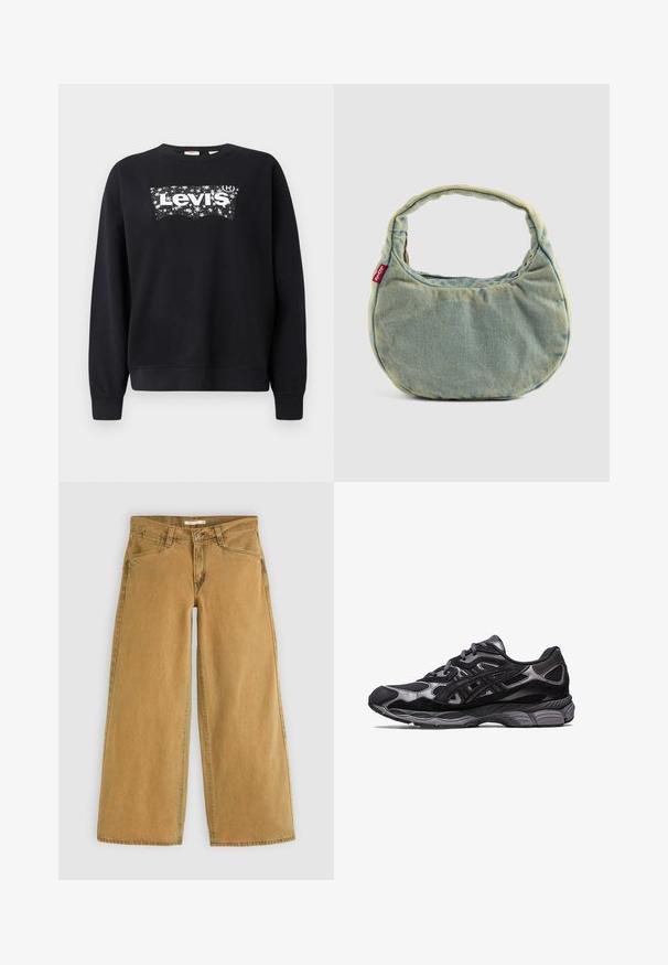 Svart hettegenser laget av bomull, med en hvit "Levi's" logo innenfor et stjernespekket design. Rund hals og ribbestrikkede ermer og kant.; Bredde ben, brune denim bukser med høy livvidde, med frontlukking med knapp, fem lommer og en lett falmet finish.; Svart trener med en mesh- og semsket overdel, med et teksturert design og en robust, polstret grå såle.; Lyseblå denim håndveske med kort, polstret håndtak og liten rød Levi's-logo tag på siden, satt mot en ensfarget bakgrunn.