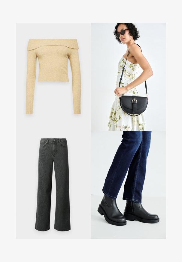 Off-the-shoulder, long-sleeve top in light beige knit fabric with a ribbed neckline. Cropped length with soft texture.; Wide-leg jeans in dark gray denim, featuring a subtle zebra-pattern texture, contrast stitching, and five-pocket design with a button fly.; Black leather ankle boots with a chunky sole and side elastic panels, paired with dark blue jeans. The ground is light-colored.; Black leather handbag with a curved shape, detachable strap, and gold hardware. The bag features a flap with a buckle detail.