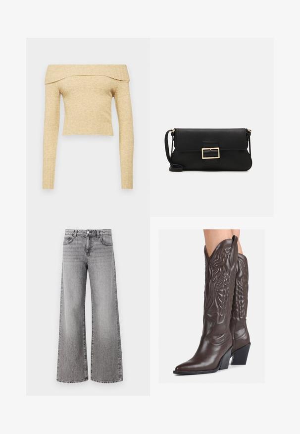 Bluzka na ramiączkach z długim rękawem w jasnobeżowym dzianinowym materiale z prążkowanym dekoltem. Krótki krój z miękką teksturą.; Szerokie dżinsy wykonane z szarego denimu o wyblakłym wykończeniu. Posiadają klasyczne kieszenie i zapięcie na guziki w talii.; Brązowe skórzane kowbojki z noskiem w kształcie migdała i blokowym obcasem, z detalicznym przeszyciem i podniesionymi akcentami na cholewce.; Czarna skórzana torebka kopertowa z klapką i detalem w postaci złotej metalowej klamry. Zawiera czarny pasek oraz elegancki, minimalistyczny design.; Srebrne kolczyki w kształcie obręczy z skręconym wzorem, z polerowanym wykończeniem i zapięciem na sztyft. Mają średnicę około 3 cm.