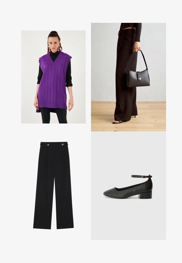 Paarse gebreide vest met een V-hals, geribbelde textuur en mouwloos ontwerp. Draag over een zwart overhemd met knopen, met een lange zoom en zijsplitten.; Zwarte wijde broek met hoge taille, knoopdetails op de tailleband en plooien aan de voorkant.; Zwarte leren pump met een spitse neus en een lage blokhak. Beschikt over een enkelband met een goudkleurige gespsluiting. Gladde textuur.; Zwarte handtas met gestructureerde vorm, gladde textuur en een metalen sluiting. Gecombineerd met brede zwarte broeken en sandalen met open teen op een houten vloer.
