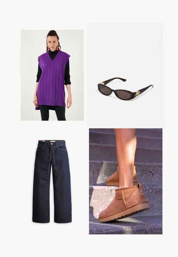 Paarse gebreide vest met een V-hals, geribbelde textuur en mouwloos ontwerp. Draag over een zwart overhemd met knopen, met een lange zoom en zijsplitten.; Wijd pijpjes donkerblauwe denim jeans met een hoge taille, voorzien van een trekkoord, vijf zakken en contrasterende stiksels.; Tamme suède enkelboots met een zachte textuur, gestikte details en een rubberen zool, met een lusvormige hak voor gemakkelijk aan- en uittrekken.; Schildpadbril met langwerpige ovale lenzen, bruine tint, gouden logo-accenten op de pootjes en slanke zwarte armen.