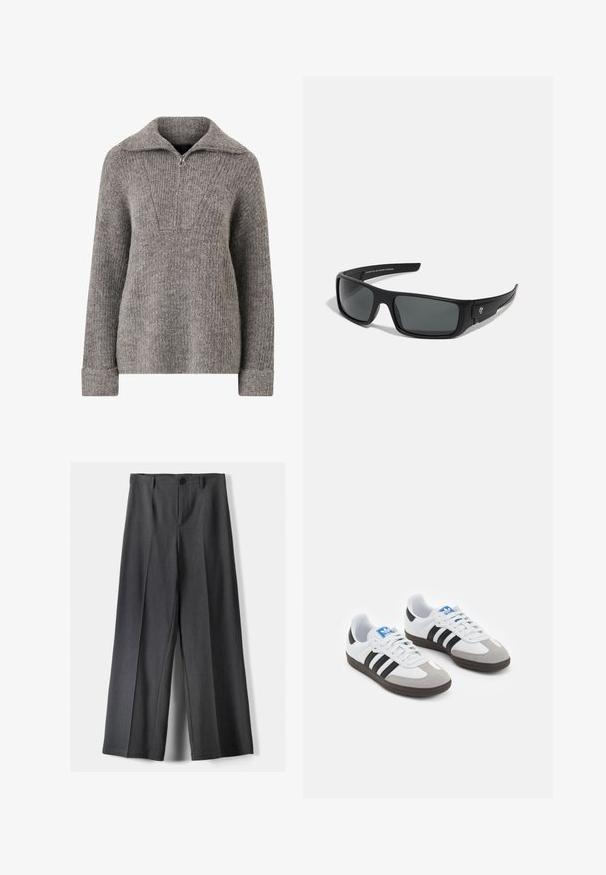 Šedý pletený svetr s polozipem, žebrovanou strukturou, dlouhými rukávy a uvolněným střihem. Na hrudi má trojúhelníkový vzor.; Dvoje triček s dlouhým rukávem: jedno černé a jedno bílé. Obě mají kulatý výstřih a hladkou, žebrovanou strukturu. Na vnitřní straně výstřihu je viditelná značková etiketa.; Kalhoty s širokými nohavicemi vyrobené z tmavě šedé látky, s knoflíkovým zapínáním, předními sklady a poutky na pásek. Hladká textura s přizpůsobeným střihem.; Sportovní boty s bílým koženým svrškem, šedou semišovou špičkou a třemi černými pruhy. Obsahují modré logo na jazyku a texturovanou gumovou podrážku.; Černé sluneční brýle s obdélníkovým rámem, tmavě šedými skly a hladkým plastovým povrchem. Výrazný logotyp na boku.; Černá kožená kabelka na rameno s hladkým povrchem, zakřiveným vrškem a jedním popruhem. Disponuje zipovým zavíráním a minimalistickým designem.