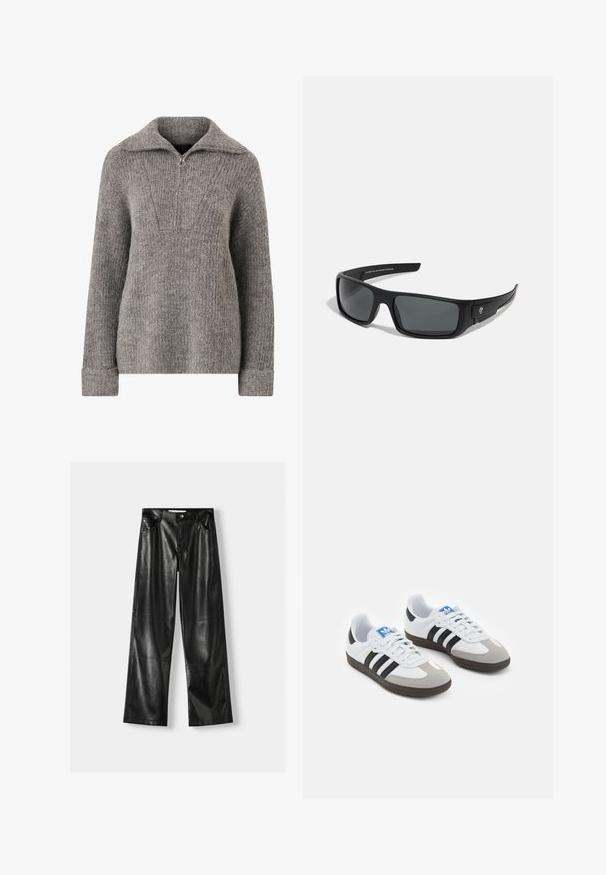 Šedý pletený svetr s polozipem, žebrovanou strukturou, dlouhými rukávy a uvolněným střihem. Na hrudi má trojúhelníkový vzor.; Dvoje triček s dlouhým rukávem: jedno černé a jedno bílé. Obě mají kulatý výstřih a hladkou, žebrovanou strukturu. Na vnitřní straně výstřihu je viditelná značková etiketa.; Černé kožené široké kalhoty s lesklou texturou, které mají dvě přední kapsy, zapínání na knoflík a viditelné švy.; Sportovní boty s bílým koženým svrškem, šedou semišovou špičkou a třemi černými pruhy. Obsahují modré logo na jazyku a texturovanou gumovou podrážku.; Černé sluneční brýle s obdélníkovým rámem, tmavě šedými skly a hladkým plastovým povrchem. Výrazný logotyp na boku.; Černá kožená kabelka na rameno s hladkým povrchem, zakřiveným vrškem a jedním popruhem. Disponuje zipovým zavíráním a minimalistickým designem.