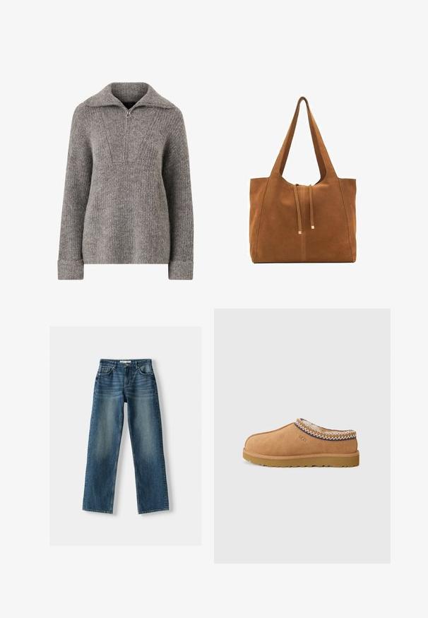 Grau gestrickter Pullover mit halbem Reißverschlusskragen, gerillter Textur, langen Ärmeln und lockerer Passform. Mit einem dreieckigen Muster auf der Brust.; Zwei kurzärmelige T-Shirts, eines weiß und eines schwarz, aus Baumwolle. Beide haben einen runden Halsausschnitt und ein einfaches, klassisches Design.; Blaue Jeans aus Denim mit geradem Bein, Knopfverschluss, fünf Taschen und verwaschenen Stellen. Das Material wirkt robust mit einer strukturierten Oberfläche.; Beige Wildleder-Slipper mit einem strukturierten Wollfutter und dekorativer ethnischer Stickerei am Kragen. Verfügt über eine Gummisohle.; Braune Wildleder-Tasche mit zwei langen Trägern, Zugverschluss und minimalistischem Design. Glatte Textur und keine sichtbaren Hardware-Details.