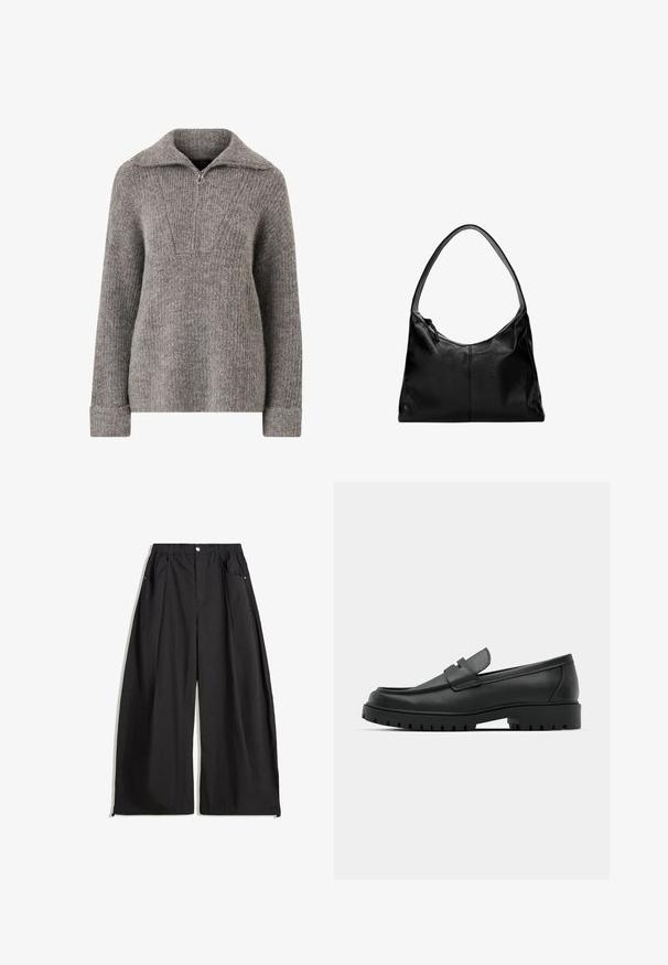 Maglione grigio lavorato a maglia con colletto a mezza zip, texture a coste, maniche lunghe e vestibilità rilassata. Presenta un motivo triangolare sul petto.; Pantaloni neri a gamba larga con vita alta, dotati di pieghe, chiusura frontale con bottone e due tasche laterali. Realizzati in tessuto con una finitura testurizzata.; Mocassini in pelle nera con punta rotonda, caratterizzati da un design cucito, suola piatta bassa e un battistrada in gomma testurizzata e scolpita.; Borsa a spalla in pelle nera con una texture liscia, una parte superiore curva e una sola tracolla. Presenta una chiusura con zip e un design minimalista.