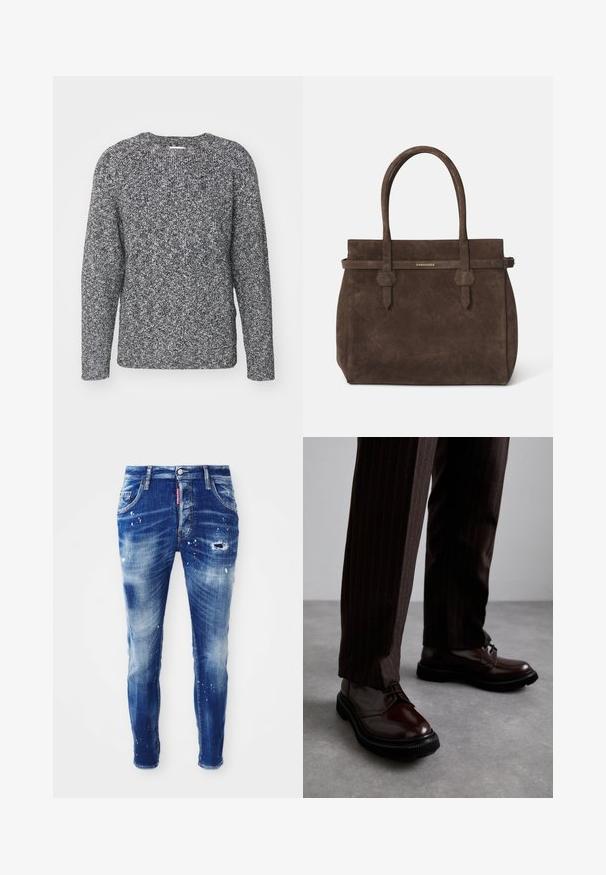 Pelēka un melna adīta džemperis ar apaļu kakla izgriezumu, garām piedurknēm un ribotām aprocēm, kas izceļas ar strukturētu, rakstainu audumu.; Balta kokvilnas bez piedurknēm tank top krekliņš ar apaļu kakla izgriezumu, ar gludu tekstūru un pieguļošu formu, paredzēts ikdienas valkāšanai.; Šauras zils džinsus ar izbalējušu mazgāšanu, krāsas traipu detaļām, nodilušiem pleķiem un piecu kabatu dizainu. Sarkanā zīmola etiķete jostas vietā.; Brūni ādas šņorējami apavi ar spīdīgu apdari, melna gumijas zole un smalki satīti šuvumi. Valkāti ar svītrainām brūnām biksēm.; Tumši brūns zamšains somiņas ar divām rokturiem un horizontālu siksnu, kurai ir neliels zelta DSQUARED2 logotipa plāksne.