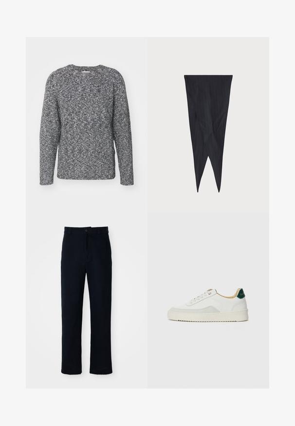 Sweater cinza e preto tricotado com gola redonda, mangas longas e punhos canelados, apresentando um tecido texturizado e padronizado.; Calças azul marinho em algodão, com um design de perna reta, fecho frontal com botão e cinta clássica com passantes para cinto.; Tênis brancos com detalhes em camurça, bico arredondado, atacadores planos e sola de borracha creme. Apresenta uma marcação verde no calcanhar.; Tecido em risca de giz azul-marinho, design afinado, forma alongada com extremidades pontiagudas, textura suave com riscas verticais, sem hardware visível.