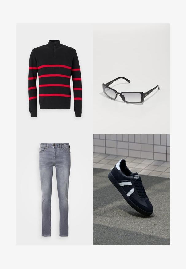 Schwarzer Strickpullover mit einem halben Reißverschluss-Kragen, versehen mit horizontalen roten Streifen. Glatte Textur mit enganliegenden Bündchen und Saum.; Replay Inc. Langarmshirt - stoned grey; Hellgraue Denim-Jeans mit geradem Schnitt, ausgestattet mit fünf Taschen, Messingknopfverschluss und subtiler Ausbleichung an den Beinen.; Schwarze Leder-Sneaker mit weißen Streifen, strukturiertem Gummisohle und Schnürung. Verfügt über ein Markenetikett auf der Zunge.; Schwarze rechteckige Sonnenbrille mit einem abgedunkelten Glas, ausgestattet mit einem dicken Rahmen und metallischen Akzenten an den Bügeln. Glatte Textur insgesamt.