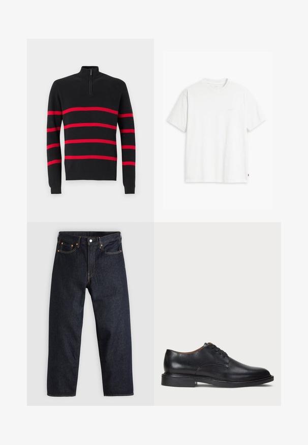 Juodas megztinis su pusiau užtrauktuku, dekoruotas horizontaliomis raudonomis juostelėmis. Lygus paviršius, turi prigludusias rankoves ir apatinį kraštą.; Balta medvilninė marškinė su trumpomis rankovėmis, apvaliu kaklu ir subtiliu Levi's logotipu viduryje. Minkšta tekstūra ir standartinė išvaizda.; Tamsiai mėlynos džinsinės kelnės su tiesiu kirpimu, penkiomis kišenėmis, kontrastingomis oranžinėmis siūlėmis ir mygtukų užtrauktuku. Nėra matomų raštų ar papuošimų.; Juodas odinis suknių batelis su apvalia nosimi, raišteliais ir žemu, sukrautu kulnu. Lygus paviršius su minimaliais siuvinėjimo detalėmis.