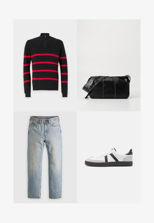 Must mustrinna, millel on pool-zip kaelus ja horisontaalsed punased triibud. Sujuv tekstuur, sobivate mansettide ja servaga.; Heledad hele sinine teksapükste kõrge vöökoht, ees nupuga, lukuga ja viie taskuga disain, asetatud tasasele neutraalsele taustale.; Valged tossud mustade ja hallide aktsentidega, tekstureeritud halli varbakattega, musta kummitald ja lamedad valged paelad. Puhtad jooned, minimalistlik stiil.; Must mustra nahkainine õlakott, millel on tõmblukk, tekstureeritud pind, valged õmblused ja rihm hõbedaste rõngastega.