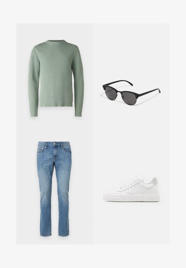 Zaļa adīta svītra ar apaļu kaklu, garām piedurknēm, ribotu apakšmalu un piedurknēm, kas piedāvā teksturētu auduma rakstu.; Gai zils džinsu audums ar taisnu piegriezumu, piecām kabatām un pogu aizdari. Iespējas ir smalki izbalinājumi un standarta šuvju dizains.; Baltie ādas sporta apavi ar gludu virsmu, noapaļotu purngalu, plakaniem šņorēm un reljefa zoli. Pelēks zamšādas akcenti pie papēža.; Melnas saules brilles ar apaļām lēcām, matēta apdare un izteiksmīga kaķa acu forma. Šaurās kājiņas ar Discreto zīmolu uz kreisā tempļa.