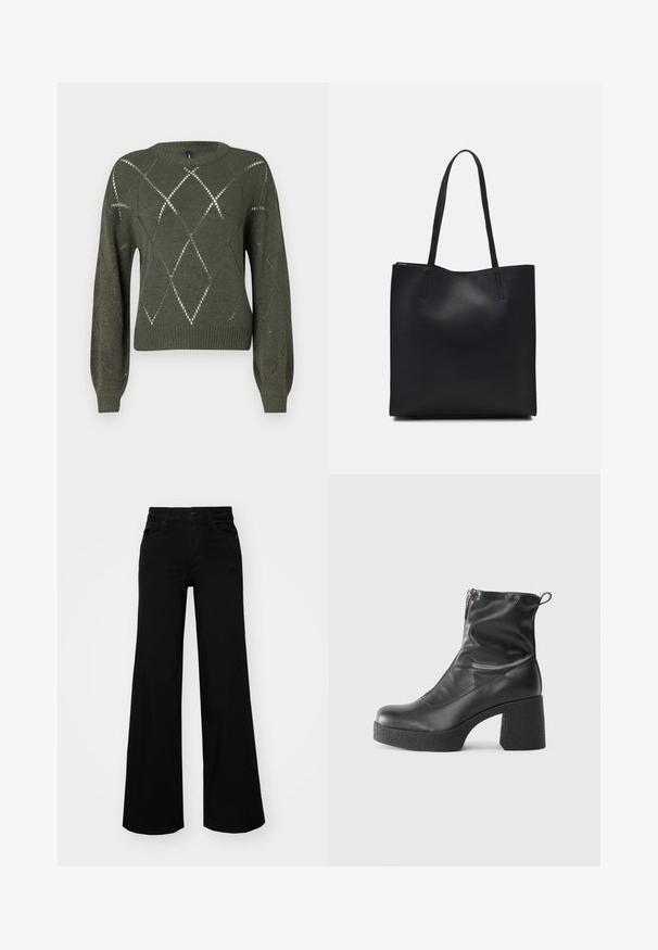 Knit green sweater with diamond-shaped cutouts, crew neckline, and long sleeves. Features ribbed cuffs and hem with a textured finish.; Black wide-leg pants made of denim, featuring a structured waistband, belt loops, and front pockets. Smooth texture with a classic design.; Black ankle boots made of smooth leather, featuring a side zipper, chunky textured heel, and rounded toe design.; Black leather tote bag with smooth texture, rectangular shape, and two long handles. No visible hardware or embellishments.