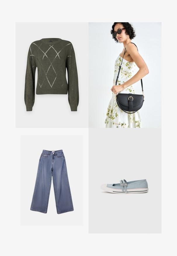 Vihreä neulepaita, jossa on timantinmuotoisia aukkoja, pyöreä pääntie ja pitkät hihoja. Sisältää ribbireunat hihoissa ja helmassa, sekä teksturoidun pinnan.; Vaaleansinisiä leveälahkeisia farkkuja, joissa on korkea vyötärö, etutaskut ja nappisuljenta vyölenkeillä.; Siniset kangas liukuva kengät, joissa on kaksi eturämpästä, pyöristetty valkoinen varvasosa, vaaleanpunainen aksentti pohjassa ja mustat raidat alareunassa.; Musta nahkainen käsilaukku, joka on kaareva muotoilultaan, irrotettavalla hihnalla ja kultaisilla yksityiskohdilla. Laukussa on läppä, jossa on solk yksityiskohta.