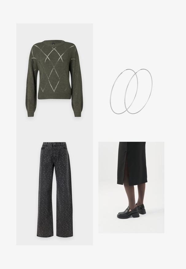 Zaļš adīts džemperis ar dimanta formas izgriezumiem, apaļu kakla izgriezumu un garām piedurknēm. Iezīmēts ar ribota materiāla piedurkņu un apakšmala ar teksturētu apdari.; Noisy May NMJANNEL LOOSE - Brīva piegriezuma džinsi - black denim; Melni ādas apavi ar noapaļotu purngalu, biezām bloku papēžiem un elastīgiem sānu akcentiem, apvienoti ar tumšām zeķubiksēm un melnu svārku ar šķirbu.; Sudraba gredzenveida auskari ar minimālistisku dizainu. Cirkulāra forma, gluda tekstūra un plāns profils. Vieglu svaru ar spīdīgu apdari.