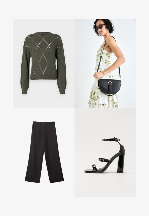 Zeleno pleteno pulover s diametralno oblikovanimi izrezi, okroglo izrezano ovratnico in dolgimi rokavi. Ima rebraste manšete in spodnji rob ter teksturiran zaključek.; Črne široke hlače iz gladkega materiala, z sprednjim zadrgo in dvema stranskima žepoma, s prilagojenim krojem in minimalističnim dizajnom.; Črne lakirane sandale s peto, kvadratnim prstom, trakovi okrog gležnja in srebrnimi zaponkami. Opremljene so s stabilno Debelo peto.; Črna usnjena torbica s ukrivljeno obliko, z odstranljivo naramnico in zlatimi dodatki. Torbica ima pokrov s podrobnostmi v obliki zaponke.