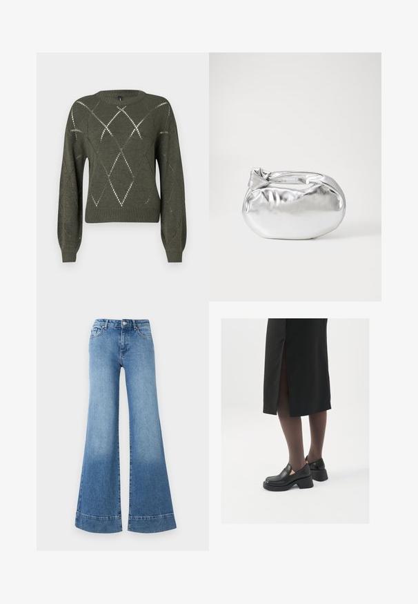 Pull vert en tricot avec des découpes en forme de losange, encolure ronde et manches longues. Présente des poignets et un ourlet côtelés avec une finition texturée.; Jeans en denim bleu clair évasés avec une taille haute, des jambes larges et un léger délavage. Comprend un design classique à cinq poches et une fermeture à bouton en métal.; Chaussures noires en cuir avec un bout arrondi, un épais talon bloc et des accents latéraux élastiques, associées à des bas foncés et une jupe noire avec une fente.; Pochette en métal argenté avec une forme douce et arrondie et un fermoir en haut noué. Fabriquée en simili cuir lisse.