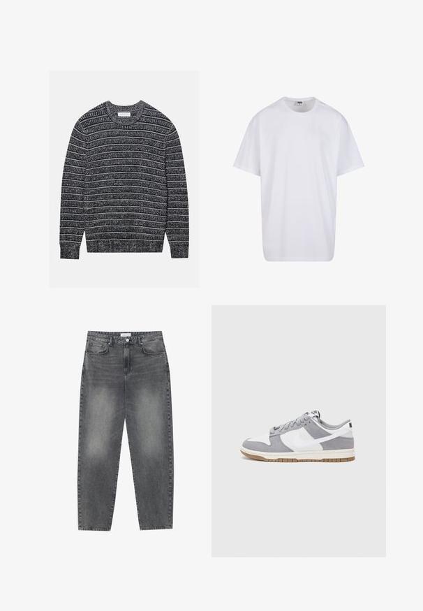 Pletený svetr s tmavě šedými a bílými vodorovnými pruhy, kulatým výstřihem, vroubkovanými manžetami a lemem. Měkká textura, klasický střih.; Bílé triko z bavlny s krátkým rukávem, kulatým výstřihem, volným střihem a bez viditelných log či vzorů. Hladká textura a minimalistický design.; Kalhoty s vysokým pasem, volného střihu, vyrobené z vybledlého černého denimu. Mají pět kapes, poutka na opasek a čistý, rovný střih nohavic.; Šedé a bílé tenisky s svrškem z jemné kůže a kůže, kulatou špičkou, plochými tkaničkami a gumovou podrážkou s akcentem v barvě gumy.