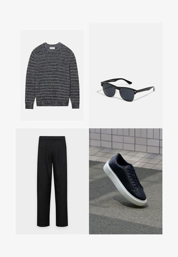 Kootud sall, millel on tumedashallid ja valged horisontaalsed triibud, ümmargune kaelus, soonikkoes ääred ja hem. Pehme tekstuur, tavaline istuvus.; Mustad mustadest riietest, millel on sirge jalgade disain, kaks eesmist voltimist ja tavaline vöökoht, millel on vöökohad.; Mustast nahast tennisetoss, millel on ümar nina ja valge kummist tall. Omab siredaid paelu ja minimaalset õmblemist ülemises osas. Tekstuuriga tald, mis tagab haakuvuse.; Mustad mustmikrooni kujuga mustad prillid, tumedate klaasidega, hõbedased detailid templite juures ja mati viimistlusega raam.