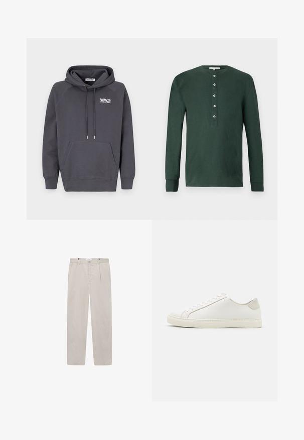 Dark gray hoodie with a front kangaroo pocket, drawstring hood, and white logo on the chest. Features raglan sleeves and ribbed cuffs.; Dark green long-sleeve henley shirt made of cotton, featuring a crew neckline, five white buttons, and ribbed cuffs. Smooth texture.; Light beige trousers made of soft fabric, featuring a straight cut, two side pockets, and a front button closure. Lightweight and smooth texture.; White leather sneaker with a smooth surface, round toe, and minimalistic design. Features beige accents on the heel and a rubber sole.