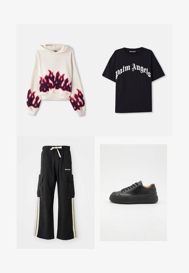 Felpa color crema con tasca frontale, caratterizzata da un motivo di fiamme rosse e nere nella parte inferiore e su una manica. Texture morbida.; Maglietta nera in cotone con maniche corte e scollo rotondo, caratterizzata da testo bianco "palm angels" in un font curvo e ornato sulla parte anteriore.; Pantaloni cargo neri con cintura elastica e cordino, caratterizzati da bande laterali crema, numerose tasche e dettaglio logo sul davanti.; Sneaker in pelle nera con punta tonda, allacciatura frontale, superficie liscia, suola in gomma spessa e interno a contrasto color nocciola.