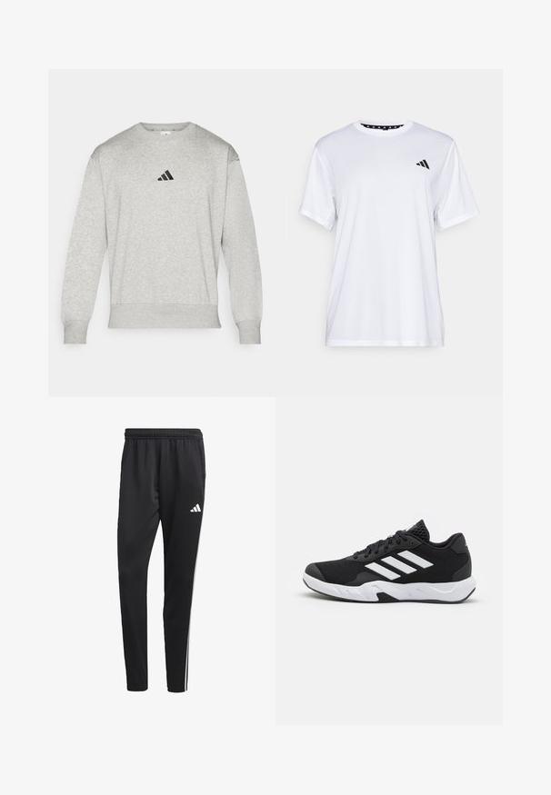 Siva dukserica od mješavine pamuka, s rebrastim manžetama i rubom, s malim crnim Adidas logom na prsima. Klasičan dizajn s okruglim izrezom.; Bijela atletska majica kratkih rukava, napravljena od tkanine koja upija vlagu. Ima crni logo na lijevoj strani prsiju i uzorčeni unutarnji obrub dekoltea.; Crne atletske hlače s rastezljivim pojasom, bijelim bočnim trakama i malim bijelim logom na bedru. Izrađene su od glatkog, laganog materijala.; Crne atletske cipele s teksturiranim mrežastim gornjim dijelom, bijelim naglasnim trakama, podstavljenim potplatom i ojačanim petom za podršku.