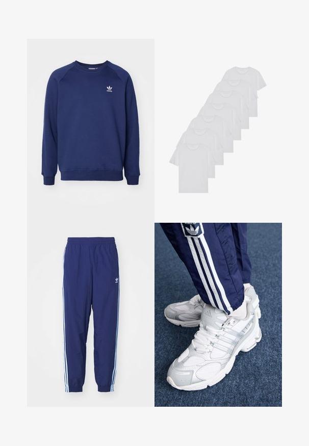 Jūras zila sporta krekls, kas izgatavots no mīksta auduma, ar apaļu kakla izgriezumu, raglanu piedurknēm un mazu balto adidas logo uz krūtīm.; Baltie kokvilnas T-krekli, īsas piedurknes, apaļas izgriezuma dizains, vienkārša tekstūra, sakrauti rindā, ar smalku zīmolu pie kakla izgriezuma.; Tumši zili sporta bikses ar elastīgu jostasvietu, sānu kabatām un gaiši ziliem svītrainiem sānos; izgatavotas no viegla auduma.; Baltie sporta apavi ar sietiņveida virsu un sudraba akcentiem, ar auklām un logotipa detaļām, kombinēti ar tumši ziliem treniņbiksēm ar baltām svītrām.