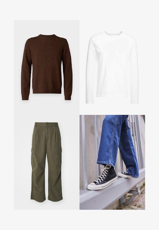 Samsøe Samsøe ISAK SWEATER - Pullover - chocolate torte; T-shirt blanc à manches longues en coton doux. Encolure ronde avec des ourlets droits et sans motifs ni graphiques visibles.; Pantalons cargo en vert olive, en coton, avec une coupe large, des plis et des poches latérales pour plus de praticité.; Baskets montantes noires avec semelle et lacets blancs, associées à un jean en denim bleu décontracté, reposant sur un garde-corps gris.