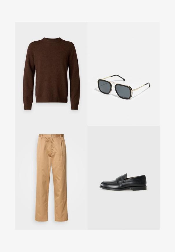 Samsøe Samsøe ISAK SWEATER - Strickpullover - chocolate torte; Khaki-Hosen aus Baumwollmischung, im geraden Schnitt, mit Vorderfalten, Gürtelschlaufen und Knopfverschluss. Glatte Textur ohne Muster.; Schwarze Leder-Loeffler mit abgerundetem Zehenbereich, gesteppten Details und einer flachen Gummisohle. Verfügt über ein breites Band über dem Fußrücken.; Schwarze und goldene Sonnenbrille mit quadratischer Form, metallischem Rahmen, dunkelgrauen Gläsern und schwarzen Tempelspitzen. Verfügt über ein doppeltes Brückendesign.