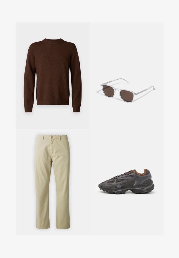 Samsøe Samsøe ISAK SWEATER - Jumper - chocolate torte; Beige cotton trousers with a straight-leg design, front button closure, and belt loops. Smooth texture, no visible patterns or accents.; Lacoste sneakers in dark gray with mesh and synthetic material, featuring a textured sole and brown accents on the collar and branding.; Clear plastic sunglasses with rectangular brown lenses, featuring thin, transparent arms and metal accents on the temples.