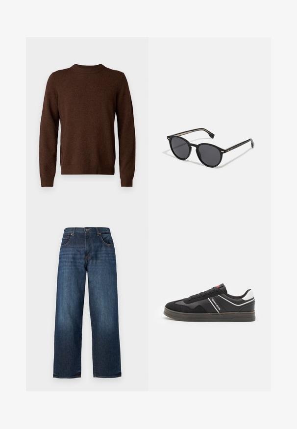 Samsøe Samsøe ISAK SWEATER - Trui - chocolate torte; Donkerblauwe denim jeans met een rechte beenontwerp, zichtbare stiksels, vijf zakken en een knopenluiting bij de taille. Zachte textuur.; Tommy Jeans RETRO CUPSOLE - Sneakers laag - black; BOSS Zonnebril - black