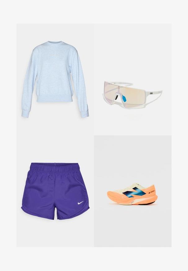 Sweatshirt de tom azul claro, feito de um tecido macio. Apresenta um decote redondo, mangas compridas e um acabamento canelado na bainha, com um logótipo discreto no centro.; Top atlético branco sem mangas, feito de tecido suave, com decote redondo e um pequeno logotipo preto da Nike no peito.; Calções atléticos roxos feitos de um tecido suave, com uma cintura elástica e um logo da Nike branco no lado inferior direito.; Sapatilha de corrida com um cabedal leve em creme, marcação azul e detalhes laranja na sola. Textura em malha para maior respirabilidade.; Óculos de sol com armação branca e grandes lentes degradê, apresentando um tom que vai do rosa ao laranja claro, realçados por um apoio nasal azul e detalhe do logótipo.