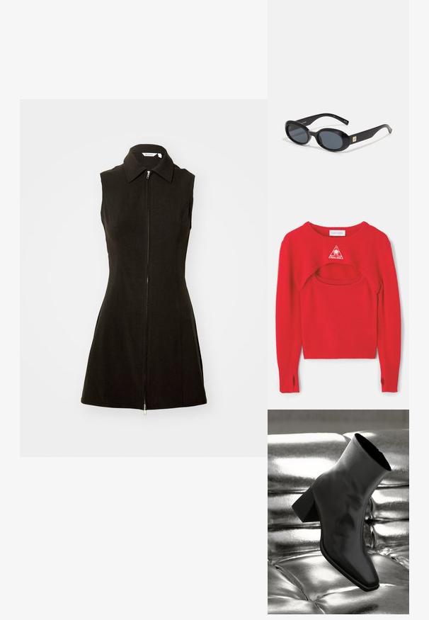 Roter gestrickter Pullover mit einzigartigem Ausschnittdesign, gerippten Bündchen und einem dreieckigen weißen Logo auf der Brust. Angepasster Saum und offene Seiten.; Schwarzes ärmelloses Kleid mit kragenförmigem Ausschnitt und Reißverschluss vorne, aus glattem Stoff mit einer figurbetonten Silhouette und ausgestellt geschnittenem Saum.; Schwarzer Knöchelstiefel aus glänzendem Material mit quadratischer Zehenform und verjüngtem Absatz, vor einem glänzenden silbernen gepolsterten Hintergrund.; Schwarze ovale Sonnenbrillen mit dunklen Gläsern, glänzendem Kunststoffrahmen, breiten Bügeln und einem kleinen goldenen Akzent auf einer Seite.