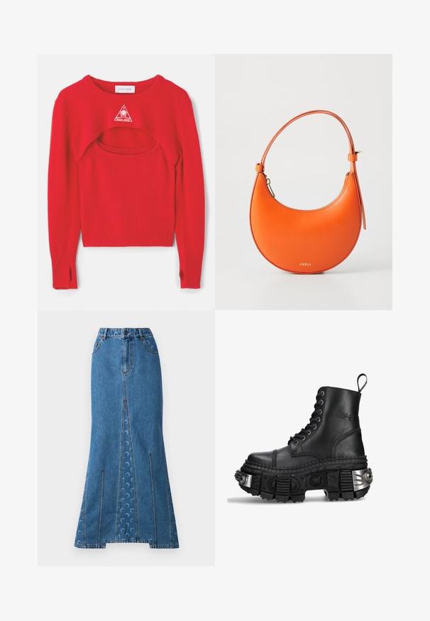 Röd stickad tröja med en unik utskärning, ribbade ärmslut och en triangelformad vit logotyp på bröstet. Justerad fåll och öppna sidor.; Jeanskort topp med dragkedja fram, rundad sömdetaljering och ett upprepat mönster av halvmånar i ljusblått på en mörkblå bas.; Denim maxi kjol i medelblå med ett figursytt midja, rak silhuett, kontrasterande röd sömnad och subtilt cirkulärt mönster på baksidan.; Svart läderkampskor med hög topp, rund tå, tjock strukturerad sula, silverdetaljer och ett distinkt mönster på sulan.; Orange läderhandväska med halvmåneform, smal rem och guldiga detaljer. Har dragkedjestängning och präglat varumärke på framsidan.; Guldtonad kedjehalsband med en central hänge i kupolform, korsaccent och klara rhinstenar genomgående.